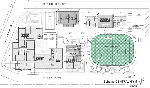 PROPOSED SITE PLAN, OPTION 2: In this plan, a new gym with standard middle school size basketball court would be built next to the old gym, and the old gym would be converted into a performing arts space and music room. The existing music room and adjacent book storage room would be converted into a school kitchen and cafeteria, and 