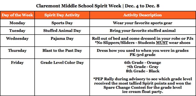 Claremont Knights Spirit Week Activities – Claremont Middle School PTA