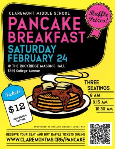 cartoon pancakes on a yellow background with text Pancake Breakfast Saturday February 24