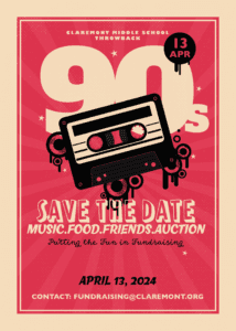 Event poster with red background black cassette tape, text 90s Save the Date Music, Food, Friends, Auction, April 13, 2024